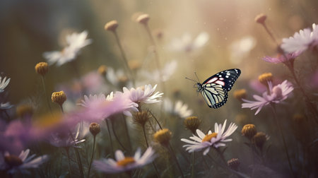 Background of wildflowers chamomile and purple wild pea with sunlight. Generative AI imageの素材