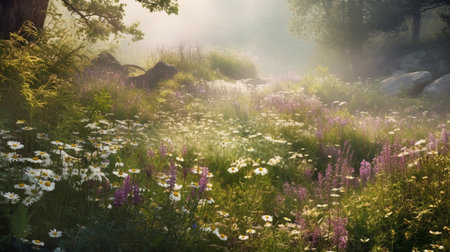 Background of wildflowers chamomile and purple wild pea with sunlight. Generative AI imageの素材