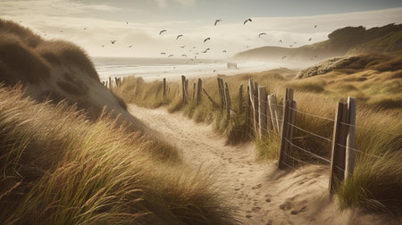 Serene beach with seagulls gracefully soaring above wooden fences. Generative AI imageの素材