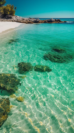 Wallpaper background of clear turquoise water lapping against the shore. Generative AI imageの素材