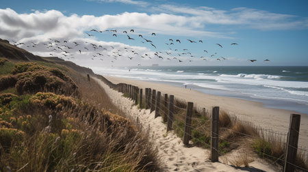 Serene beach with seagulls gracefully soaring above wooden fences. Generative AI imageの素材