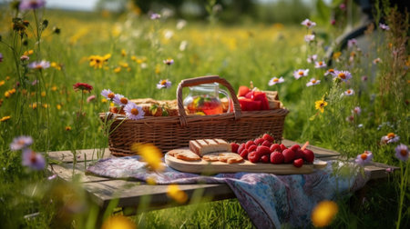 Wooden picnic table with a woven blanket and a basket of fruits. Generative AI imageの素材