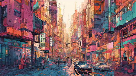 This illustration captures the bustling energy of a modern cityscape. Generative AIの素材