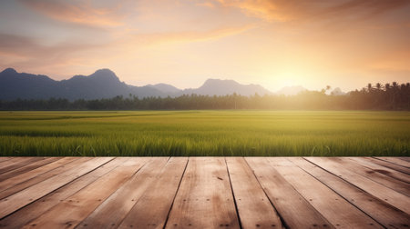 Wooden table in front of blurred rice field and mountains on sunrise. Generative AI Imageの素材