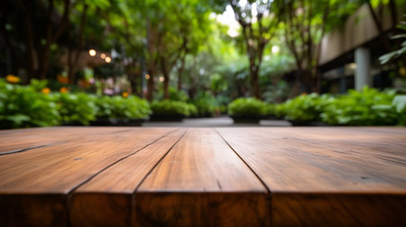 Empty wood table top on blured background at garden in shopping mall. Generative AI Imageの素材