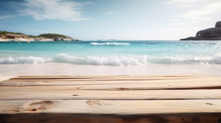 Wooden table in front of blurred white sand beach. Generative AI Imageの素材