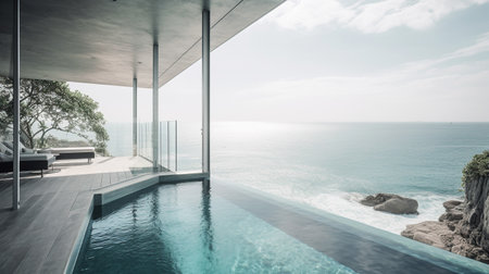 Infinity swimming pool with sea view at luxury resort. Generative AIの素材