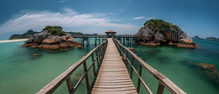 Old wooden bridge at tropical sea. Generative AIの素材