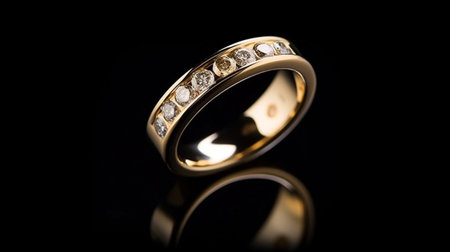 Elegant ring made of gold and diamond on black surface. Generative AIの素材