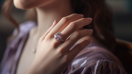 Perfect manicured womans nails with beautiful ring. Generative AIの素材
