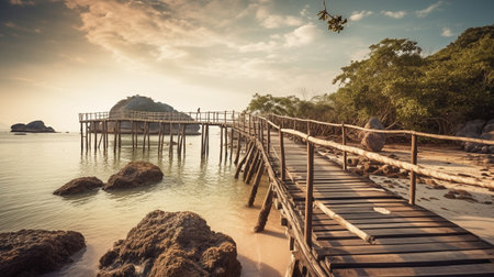 Old wooden bridge at tropical sea. Generative AIの素材