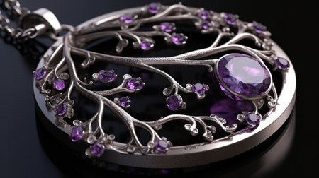 Pendant with purple stones and a diamond on black shiny surface. Generative AIの素材