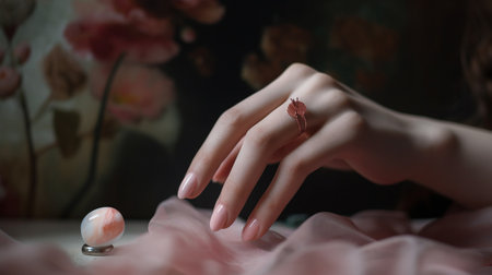 Perfect manicured womans nails with beautiful ring. Generative AIの素材