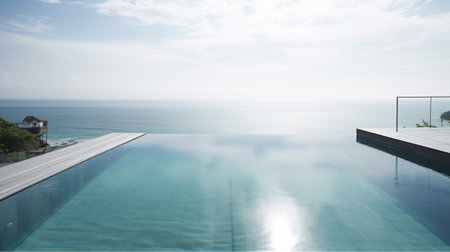 Infinity swimming pool with sea view at luxury resort. Generative AIの素材
