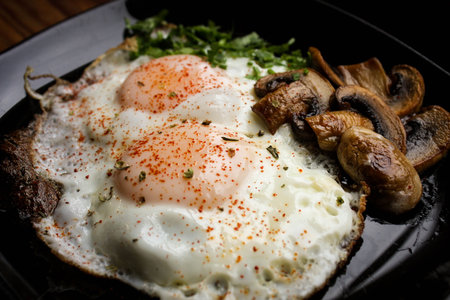 Fried eggs with herbs and mushrooms.の写真素材