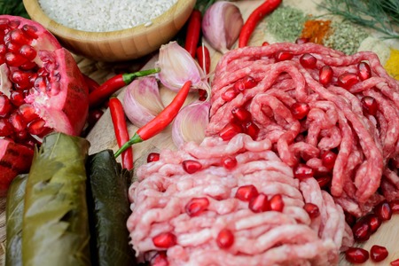 Ingredients for cooking dolma or sarma. fresh meat, vegetables and spices.の写真素材