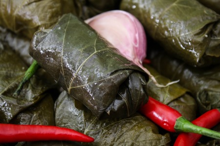 Dolma, stuffed grape leaves with rice and meat. Top view. Delicious and healthy food. Grape leaves. cooking of meal dolmaの写真素材