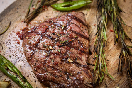 Roast beef on a chopping Board with rosemary and green hot pepper. Top view