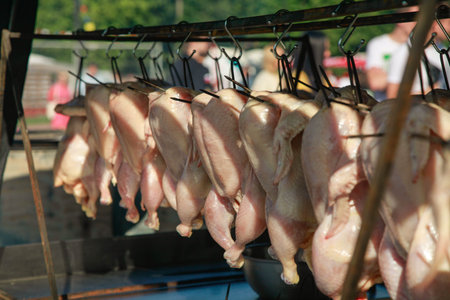 Raw chicken before loading into the barbecue. Outdoor cafesの写真素材