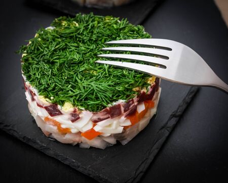 Russian traditional festive salad of herring with beetsの写真素材