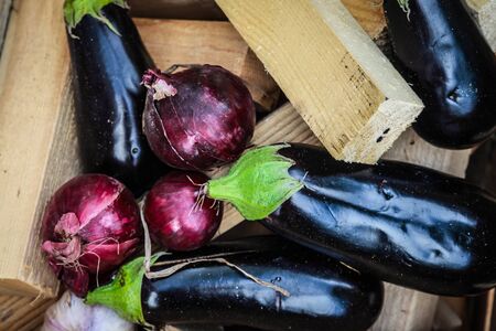The farmer's market. Sale of red onions in the farmer's market. Sale of eggplant in the farmer's market. Fresh organic products.の写真素材