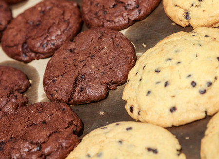 Many different cookies on trays display in street food farmers market or bakery cafe with raisin...