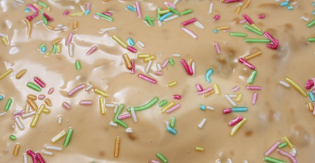 beige caramel cake with colorful sprinkles. backgroundの写真素材