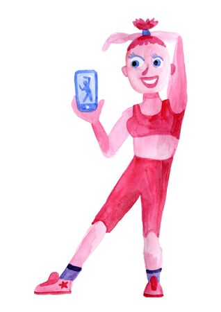 cute watercolor illustration app sport, training, technology and lifestyle concept - young woman exercising outdoorsの写真素材