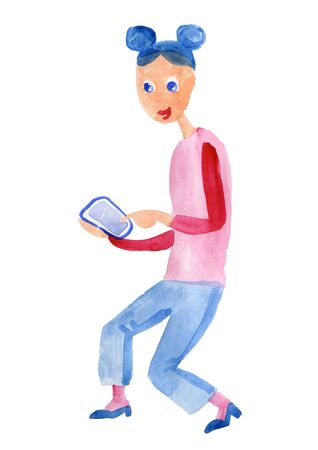 Girl with a smartphone cute watercolor illustrationの写真素材