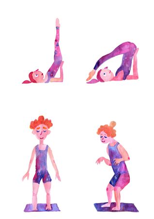 Yoga practice cute watercolor illustrationの写真素材