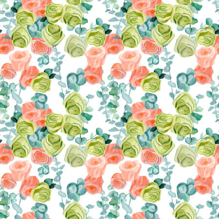 Seamless pattern with roses and eucalyptus watercolor floralの写真素材