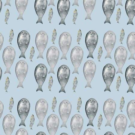 Sea print seamless pattern with seagulls, jars, fish, seals painted with watercolor