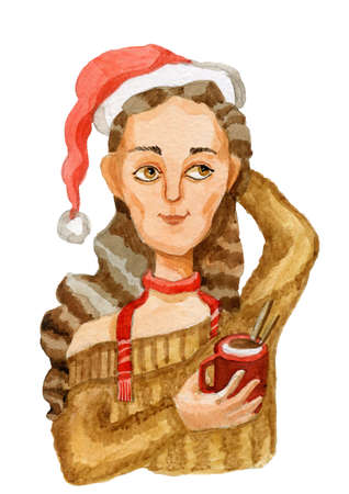 Girl and Christmas, Christmas cap, sweater, Santas reindeer, watercolor illustrationの写真素材