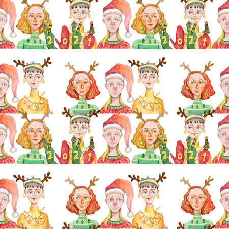 Christmas seamless pattern with people with girls digital paper wallpaper Santas reindeer hat...