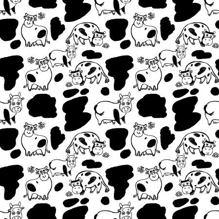 Black and white seamless pattern with cows drawn by handの写真素材