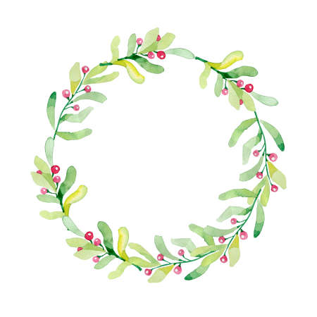 Watercolor colorful greeting decoration Christmas wreath with holly berries. Happy New Year cardの写真素材