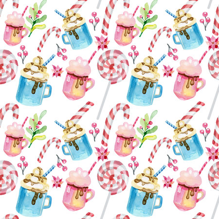 Watercolor sweets pattern. Seamless background with hand drawn food objects: cupcakes, chocolate,...