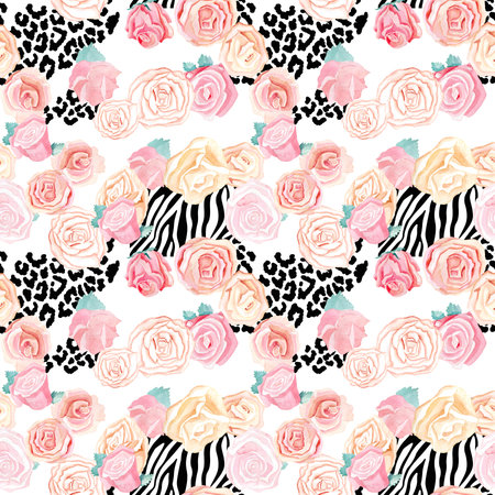 Animal Pattern Zebra leopard and rose flowers in watercolor by handの写真素材