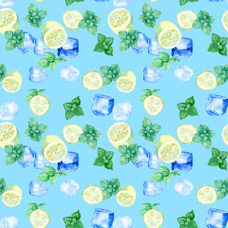 Pattern of mint and lemon. Food background with citrus. Mint leaves, lemon slices isolated on white...
