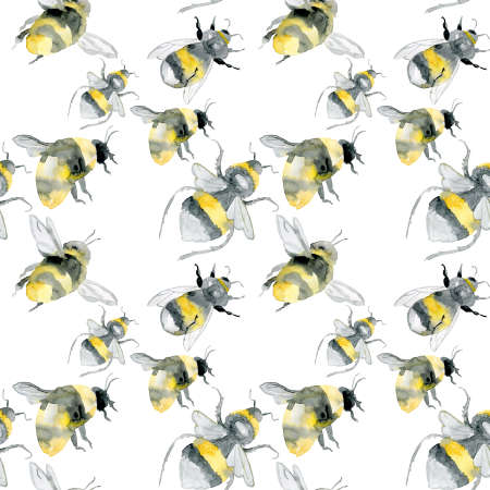 Abstract watercolor bumblebees on white color seamless pattern with bee pollen. honey comb, dots, lines and texture. Bee repeat design for textile or fabric.の写真素材