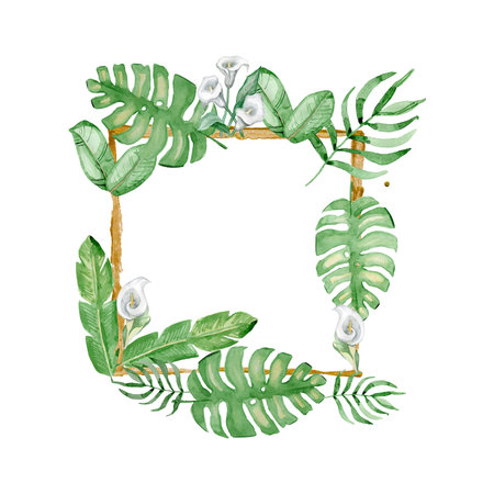 Palm tree leaves background template. Tropical greeting card.の写真素材