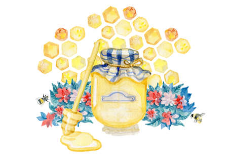 Watercolor hand drawn fresh honey. Isolated organic natural eco illustration on white backgroundの写真素材