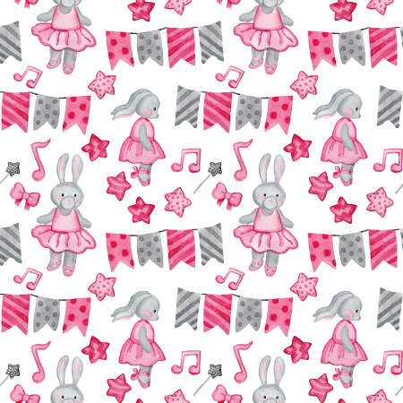 Hand drawn watercolor kids pattern with bunny toy, dress, Pink accent.Children backgroundの写真素材