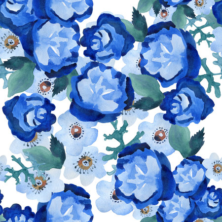 Blue flowers on a white background watercolor patternの写真素材