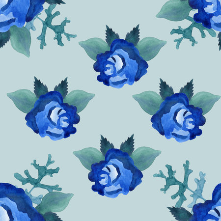 Blue large watercolor flowers with large brush strokes on a green backgroundの写真素材