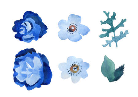 A set of watercolor elements of blue flowers and leavesの写真素材