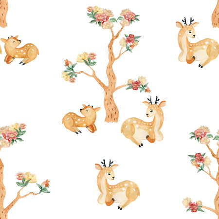 Cute deer and flowering tree by hand seamless patternの写真素材