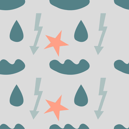 abstract seamless pattern of digital paper clouds lightning drops stars