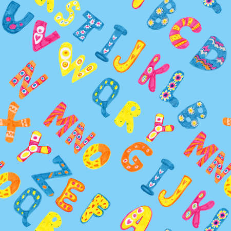 Pattern with bright colored letters of the English alphabet on a blue backgroundの写真素材