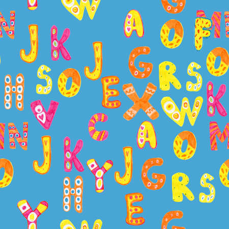 Pattern with bright colored letters of the English alphabet on a blue backgroundの写真素材